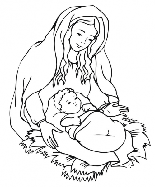 Mary Looking Over Jesus coloring page image