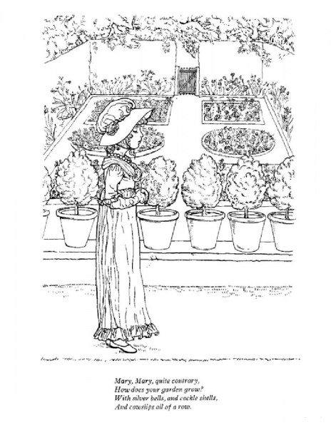 Mary, Mary, Quite Contrary nursery rhyme coloring page image
