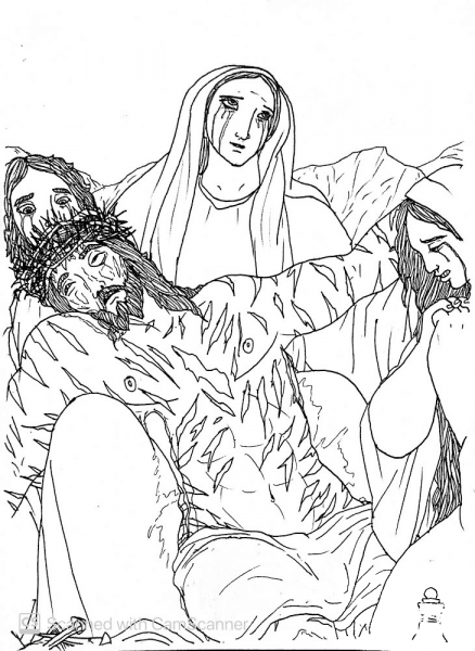 Mary the Mother of Jesus Mourns Him Along with His Disciples John and Mary Magdalene coloring page image