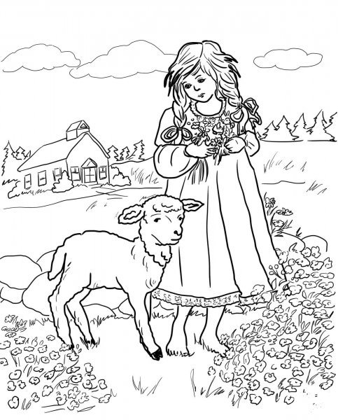 Mary with a Little Lamb coloring page image