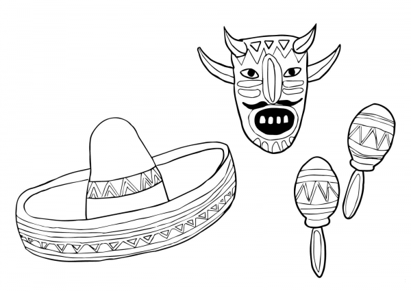 Mask Sombrero and Maracas coloring page image
