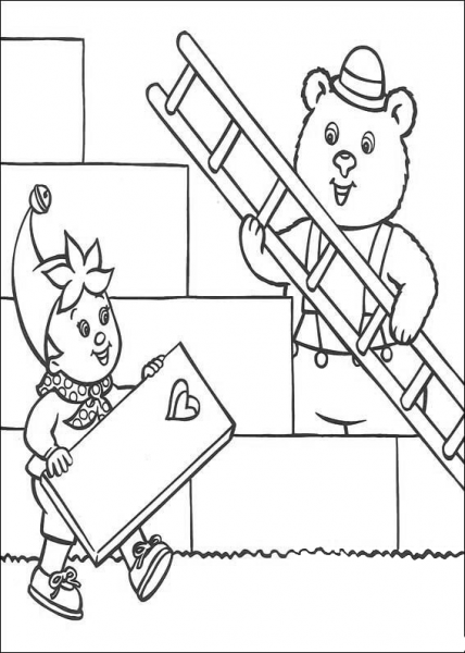 Master Tubby Bear And Noddy make repaires. They bring a ladder and a window shutter with a heart pattern on it.  coloring page image