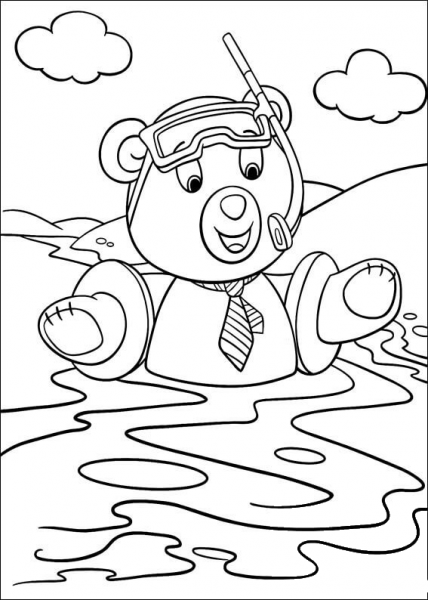 Master Tubby Bear Swims with a snorkel mask coloring page image