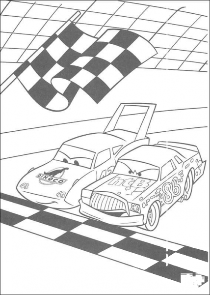 McQueen and Chick Hicks on starting line coloring page image