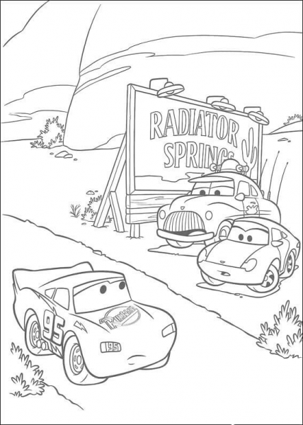 McQueen passing through Radiator Springs  coloring page image