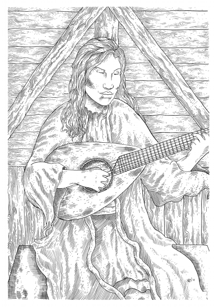 Medieval Peasant Woman Playing Guitar coloring page image