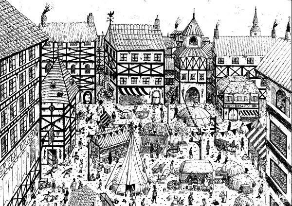 Medieval Village coloring page image
