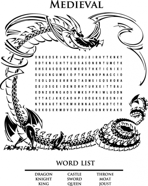 Medieval Word Search Puzzle (Learn English) coloring page image