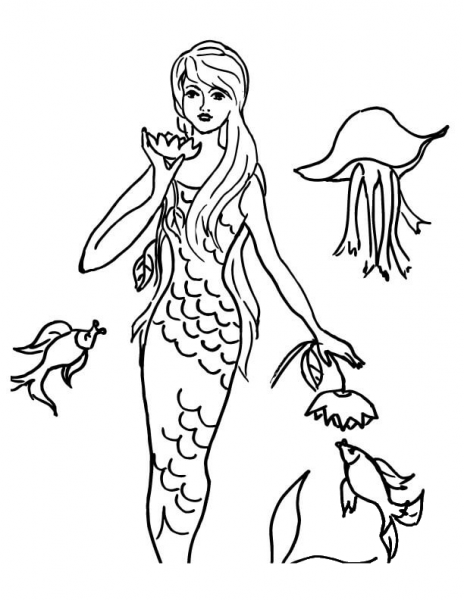 Mermaid and Sea Creatures coloring page image