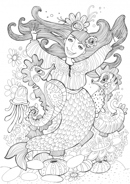 Mermaid and Sea Horses Dancing coloring page image