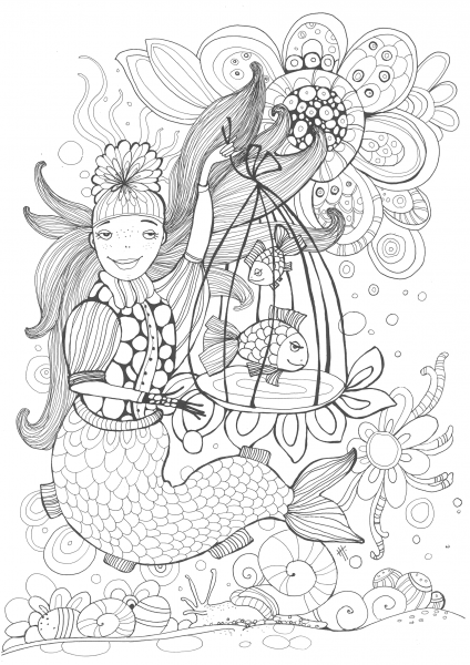 Mermaid Holding a Cell with a Speaking Fish coloring page image