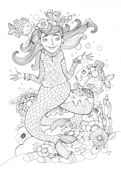 Mermaid is Talking with a Fish coloring page image