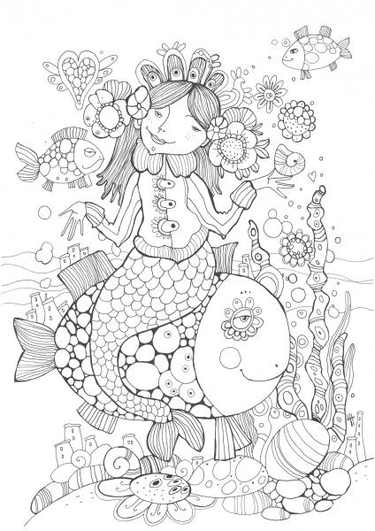 Mermaid Sitting on the Huge Fish coloring page image