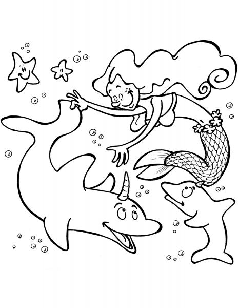 Mermaid with Unicorn Dolphins coloring page image