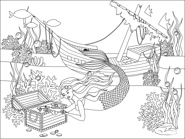Mermaid Wrecked Ship Underwater Treasure coloring page image
