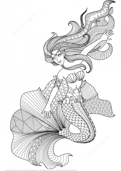 Mermaid Zentangle coloring page image