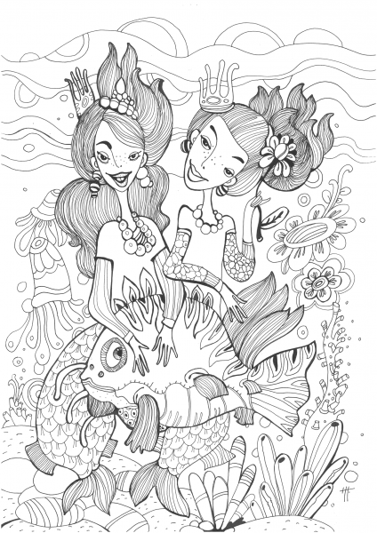 Mermaids Queens coloring page image