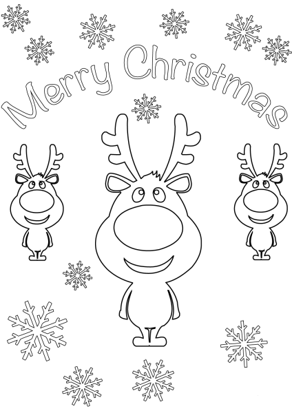 Merry Christmas Card with Cartoon Reindeers coloring page image