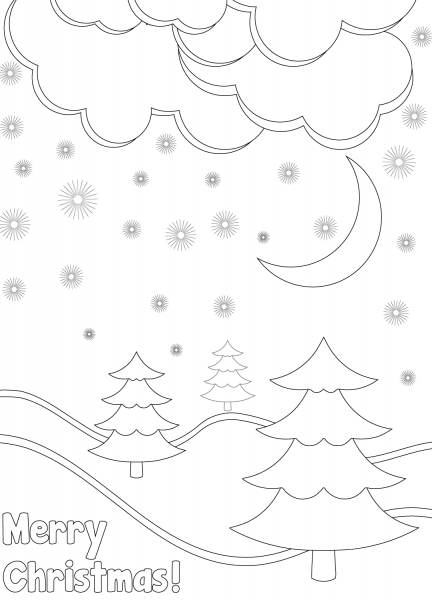 Merry Christmas Card with Winter Landscape coloring page image