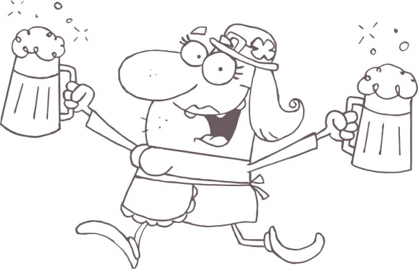 Merry Leprechaun Woman with Two Pints of Beer coloring page image