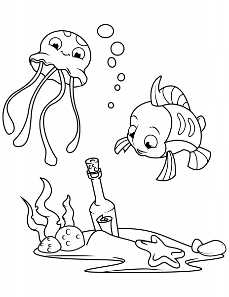 Message in a Bottle on Sea Bottom coloring page image