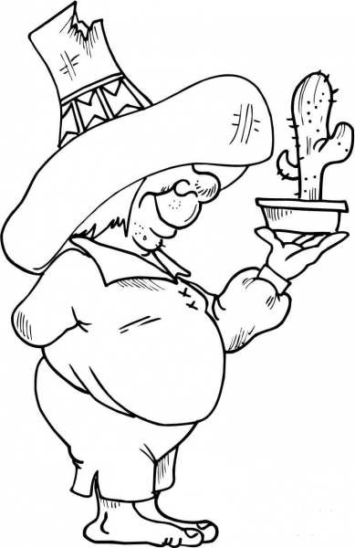 Mexican Man with a Cactus coloring page image