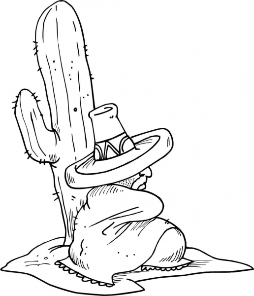 Mexican Sleeping next to a Cactus coloring page image