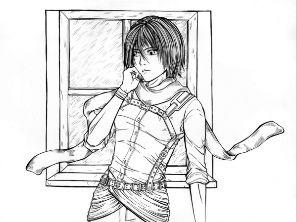 Mikasa Ackerman from Manga Series Shingeki No Kyojin Attack on Titan Advancing Giants coloring page image