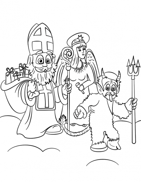 Mikulas with Angel and Devil coloring page image