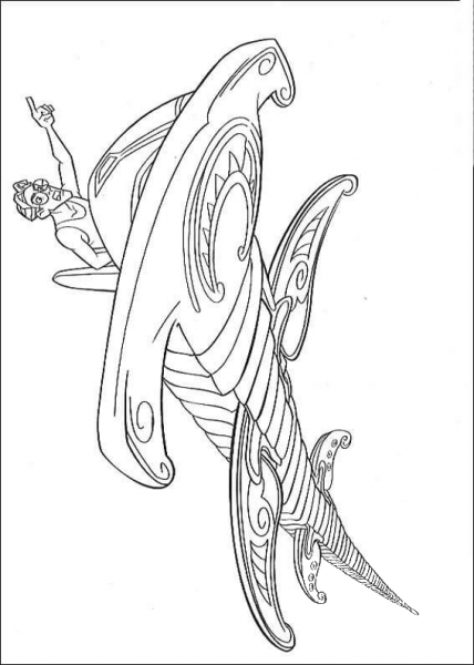 Milo is riding on a hammerhead shark coloring page image