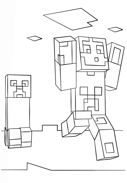 Minecraft Steve and Creeper coloring page image