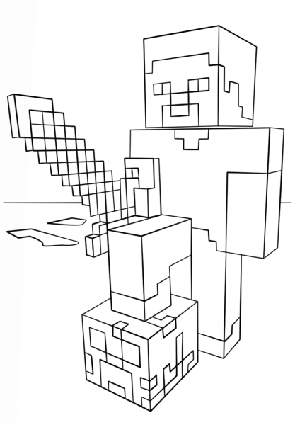 Minecraft Steve with Diamond Sword coloring page image