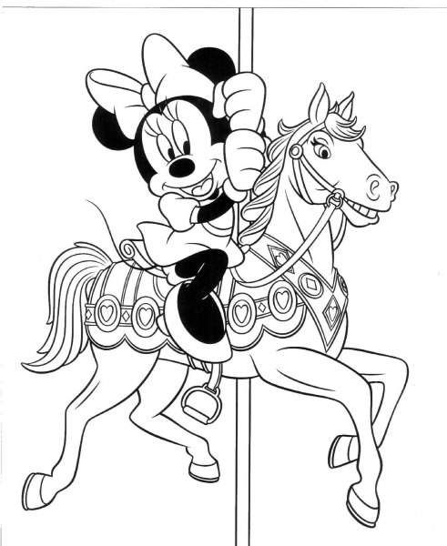 Minnie On A Toy Horse  coloring page image