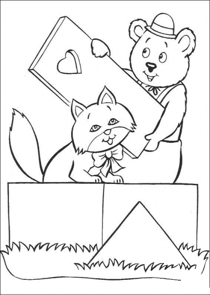 Miss Pink Cat and Master Tubby Bear who brings the window shutter coloring page image
