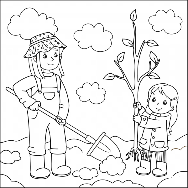 Mom and Daughter Planting a Tree coloring page image