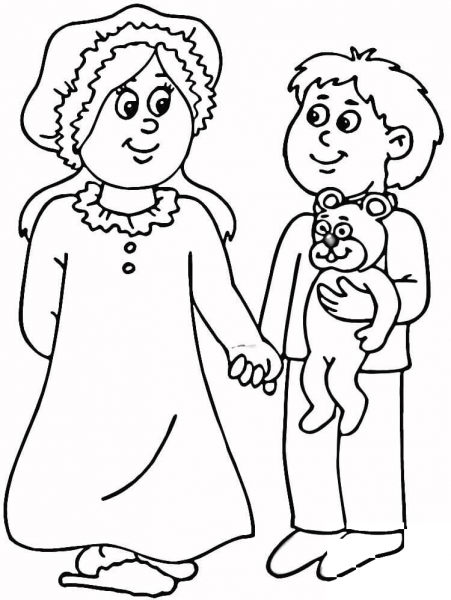 Mom and son in Pajamas  coloring page image