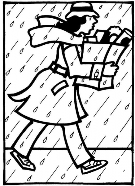 Mom Is Coming Back Home in Windy and Rainy October Weather coloring page image