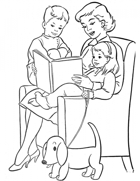 Mom Reading to Children coloring page image
