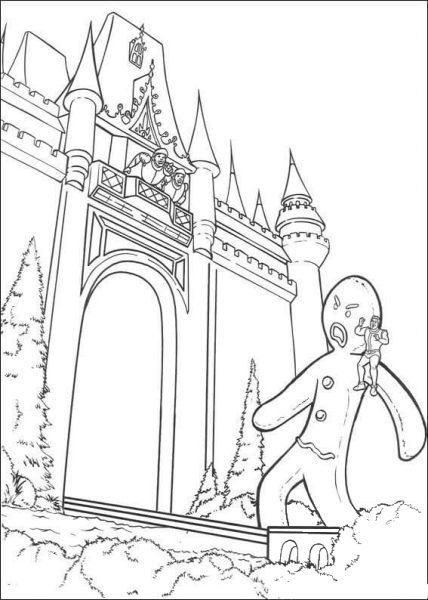 Mongo, the giant gingerbread man approaches the castle  coloring page image