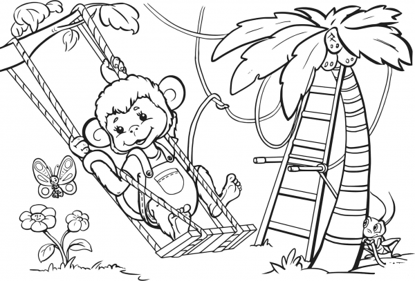 Monkey is Swinging from the Tree coloring page image