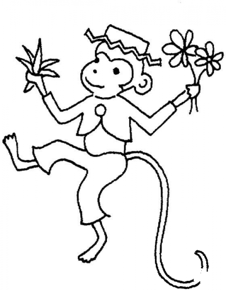 Monkey With Flowers Is Dancing  coloring page image