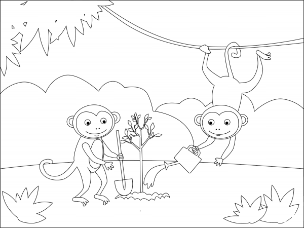 Monkeys planting a tree coloring page image