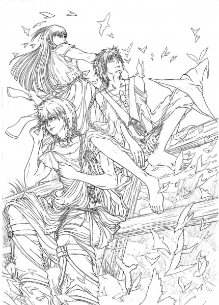 Morgiana Alibaba Saluja and Aladdin from Manga/Anime Series Magi: Labyrinth of Magic coloring page image