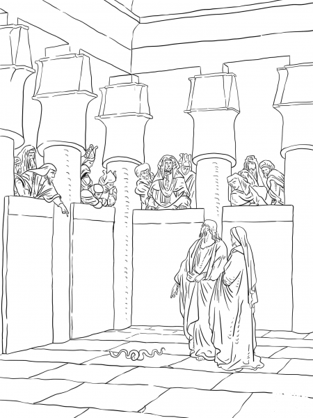 Moses and Aaron Appear Before Pharaoh coloring page image