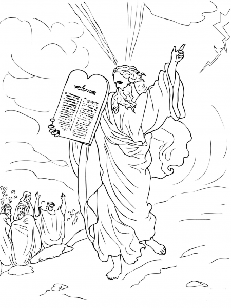 Moses Comes Down from Mount Sinai with Ten Commandments coloring page image