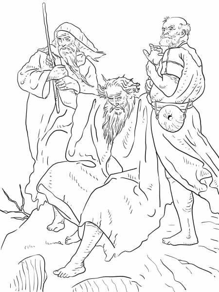 Moses Holding up His Arms During the Battle Assisted by Aaron and Hur coloring page image