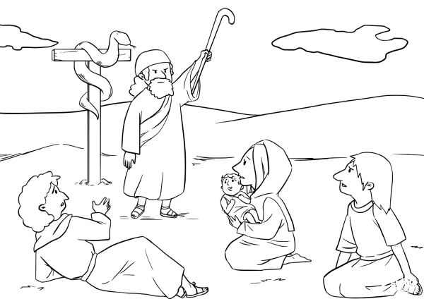 Moses Made a Bronze Snake and Put It up on a Pole coloring page image