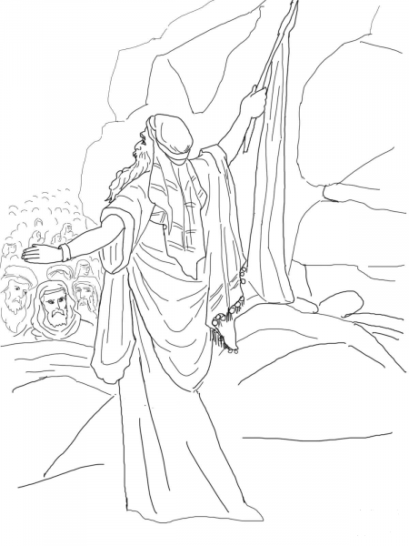 Moses Strikes the Rock and Water Comes out coloring page image
