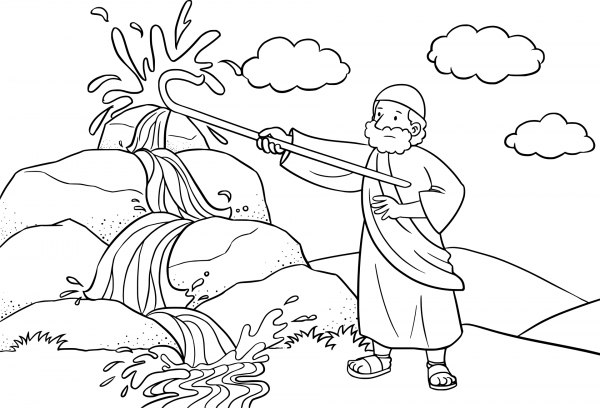 Moses Strikes the Rock with His Staff coloring page image