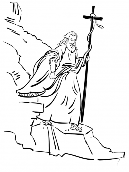 Moses Walking with Bronze Serpent coloring page image